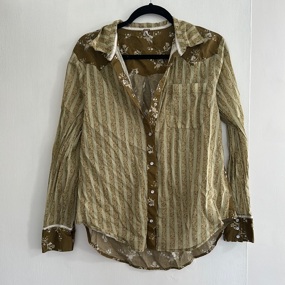 Free People Green Boho Western Coastal Cowgirl Button Down